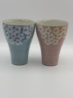 Japanese TANZAN Meoto Yunomi Teacup Pair Sakura Husband Wife Pottery Wedding Cer - Thumbnail 2