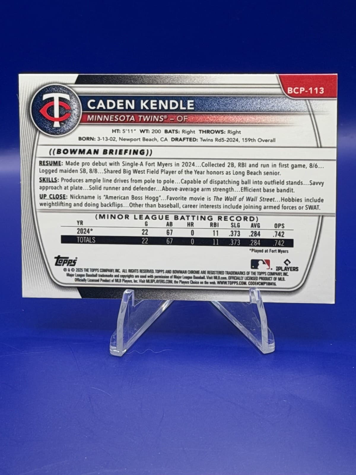 2025 Bowman - Chrome Prospects Caden Kendle #BCP-113 (RC) - Thumbnail 2