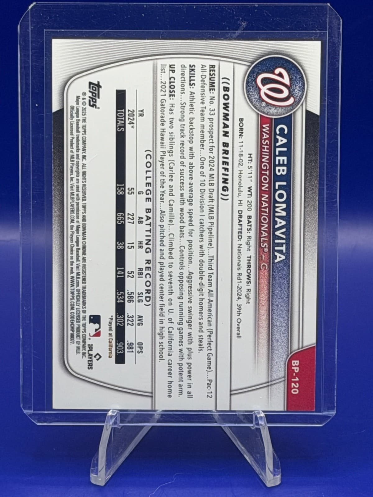 2025 Bowman Caleb Lomavita 1st Bowman BP-120 Sky Blue /499 Nationals - Thumbnail 2