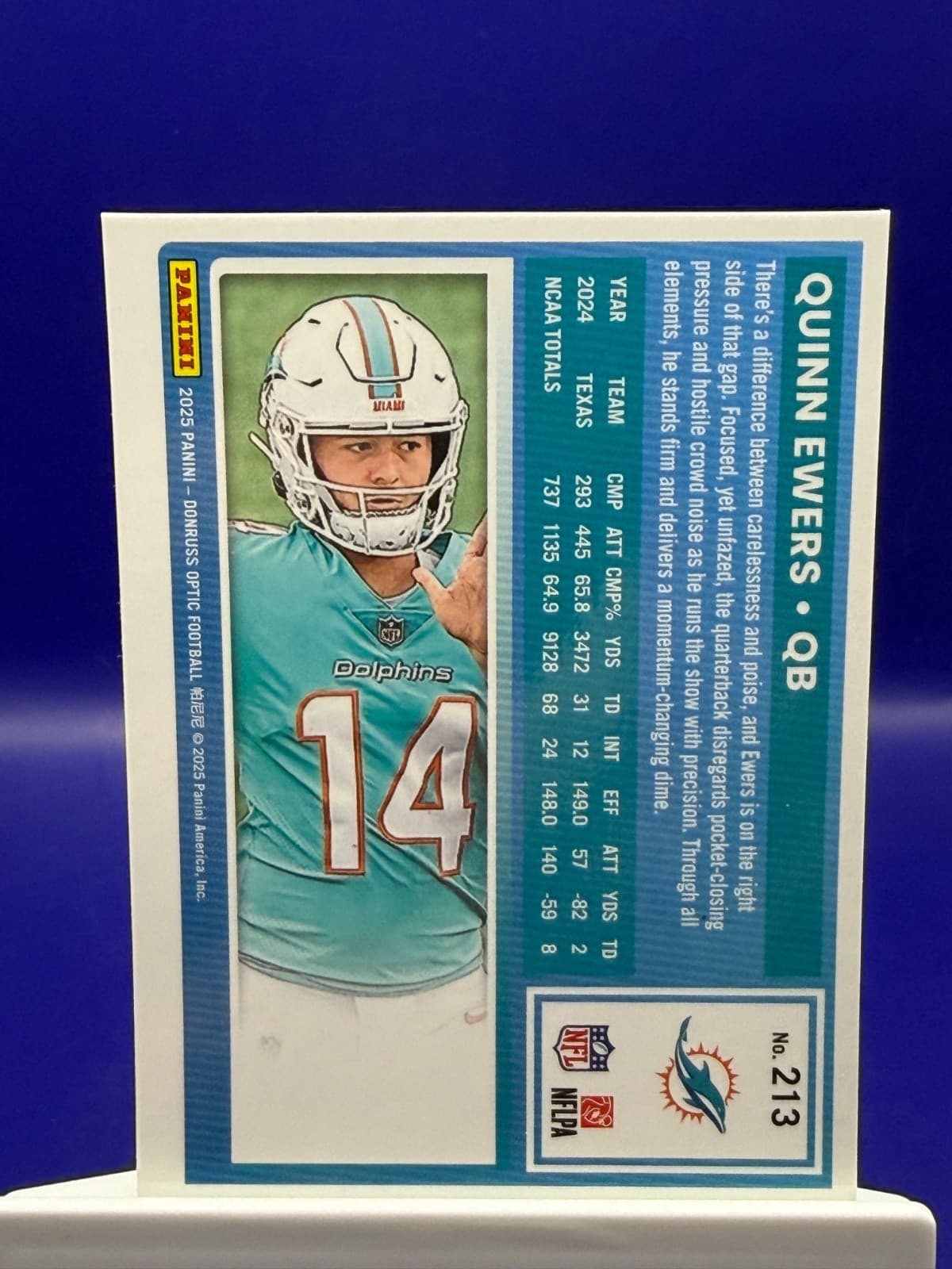 2025 Donruss Optic Quinn Ewers Holo Prizm Rated Rookie RC #213 Dolphins - Thumbnail 2