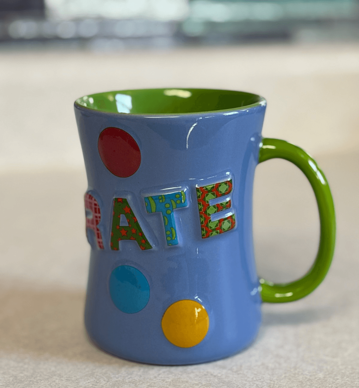 Colorful Bubble Letter Ceramic Mug Blue Green Polka Dot Coffee Cup Unbranded - Thumbnail 3