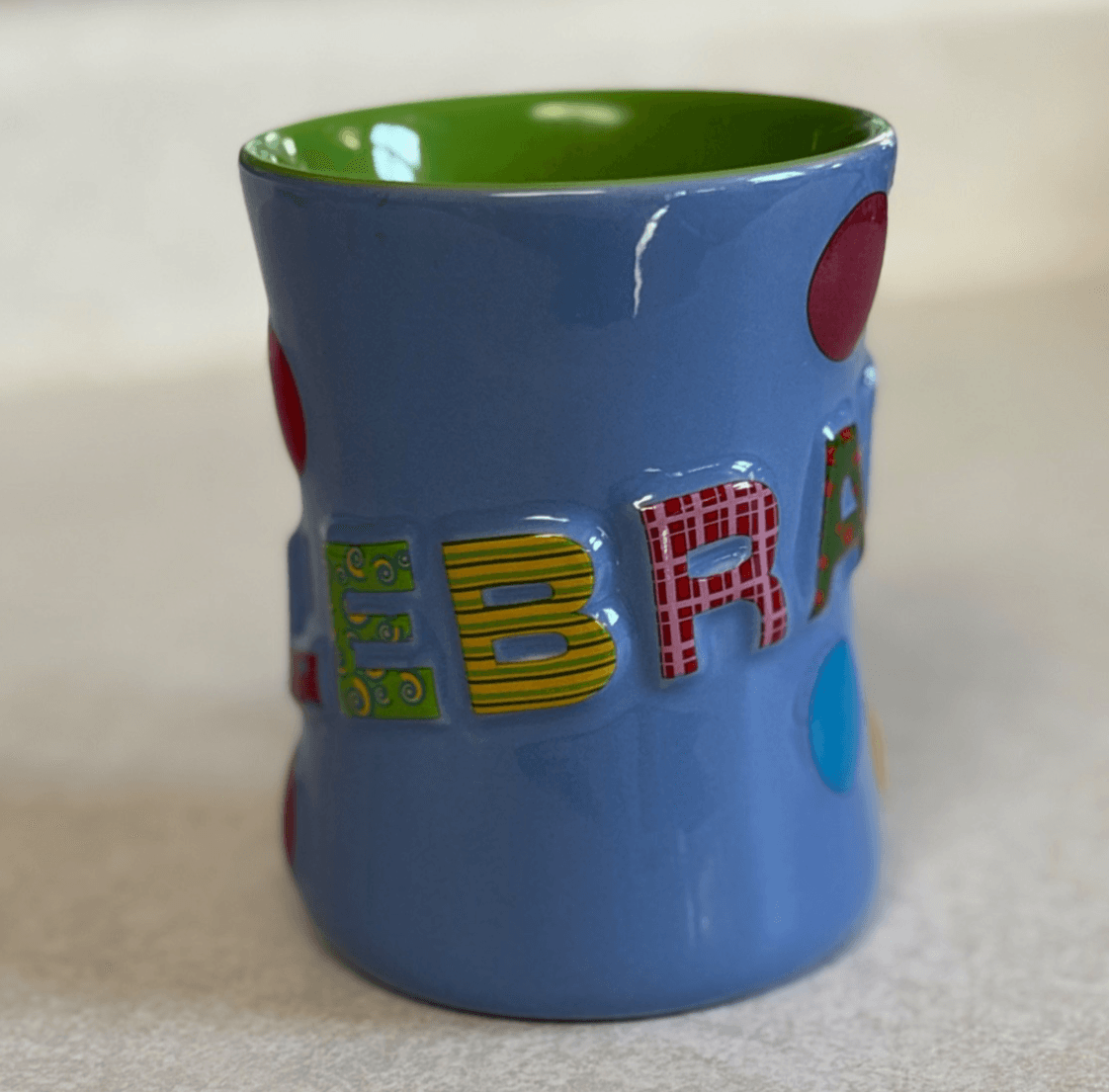 Colorful Bubble Letter Ceramic Mug Blue Green Polka Dot Coffee Cup Unbranded - Thumbnail 2