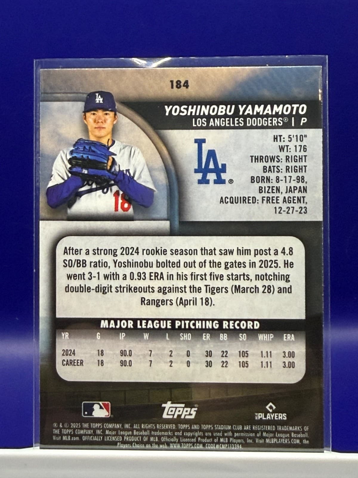 2025 Topps Stadium Club Yoshinobu Yamamoto #184 Dodgers - Thumbnail 2