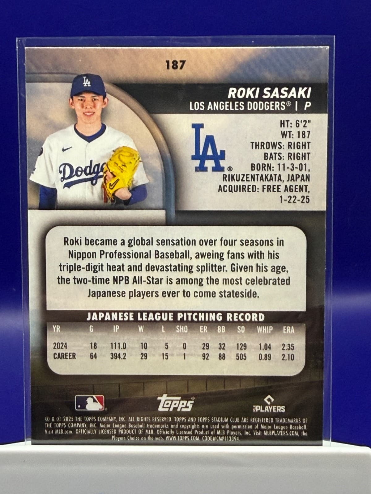 2025 Topps Stadium Club Roki Sasaki RC #187 Dodgers Rookie Card - Thumbnail 2