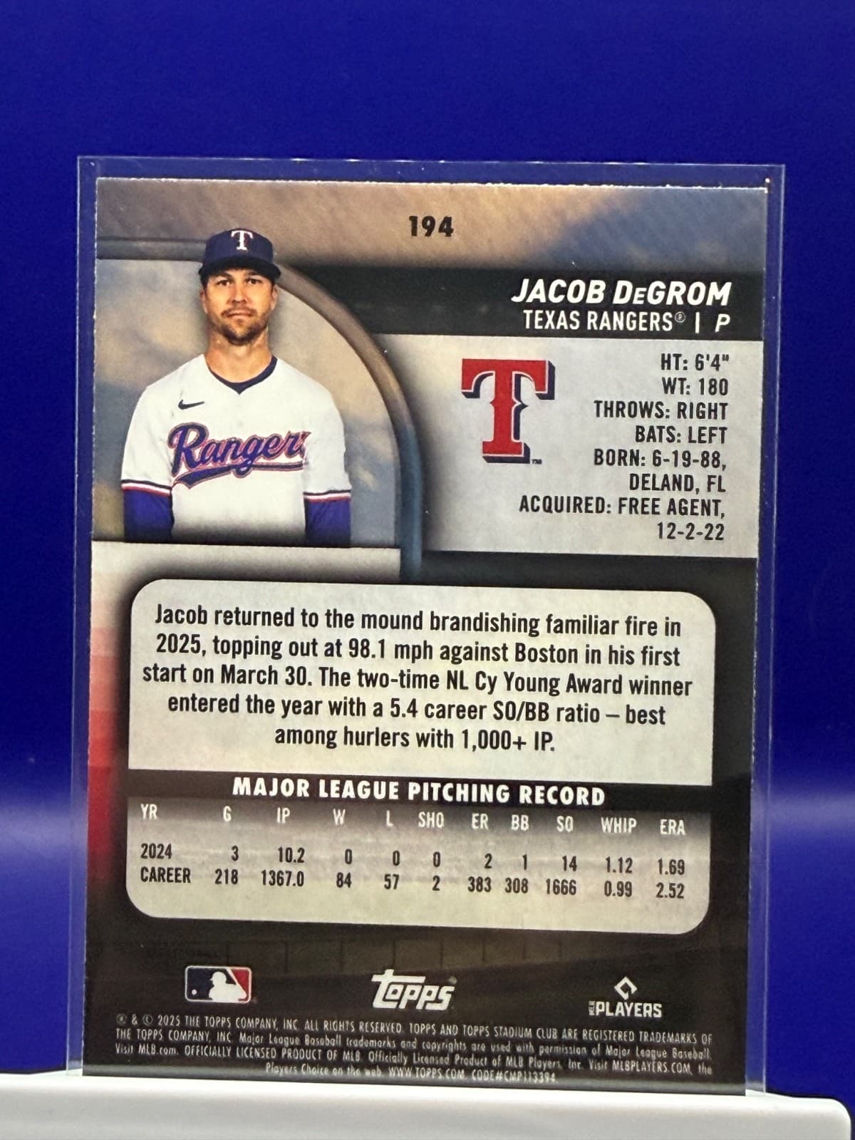 2025 Topps Stadium Club Jacob deGrom Lime Green #194 Rangers - Thumbnail 2