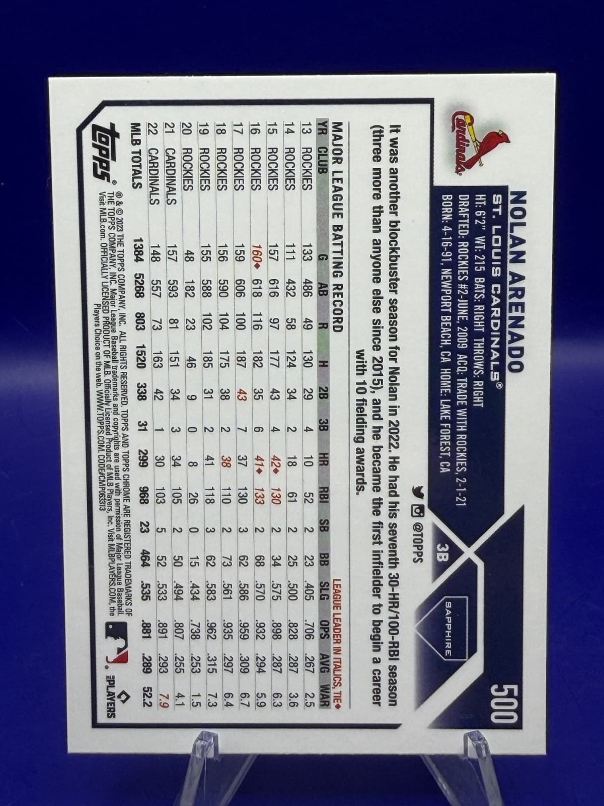 2023 Topps Chrome Sapphire Nolan Arenado #500 Cardinals Blue Base - Thumbnail 2