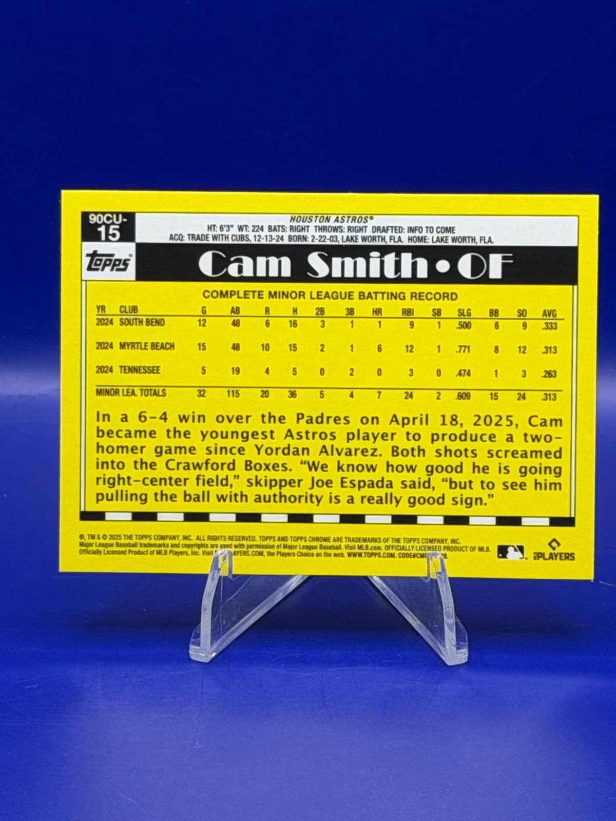 2025 Topps Chrome Update Cam Smith 1990 RC #90CU-15 Houston Astros - Thumbnail 2
