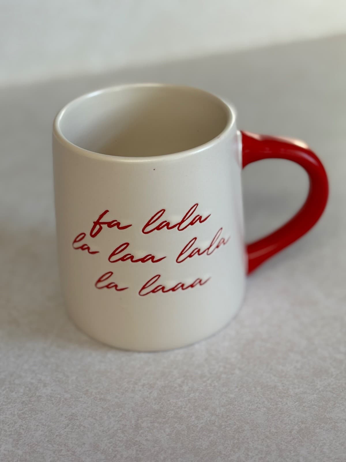 Fa La La La Christmas Coffee Mug Large 14 oz Holiday Cheer White Red Trim NM Cer