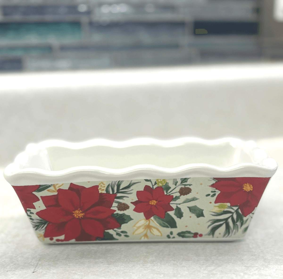Old Time Pottery Poinsettia Mini Loaf Pan Ceramic Holiday Baking Dish 350F