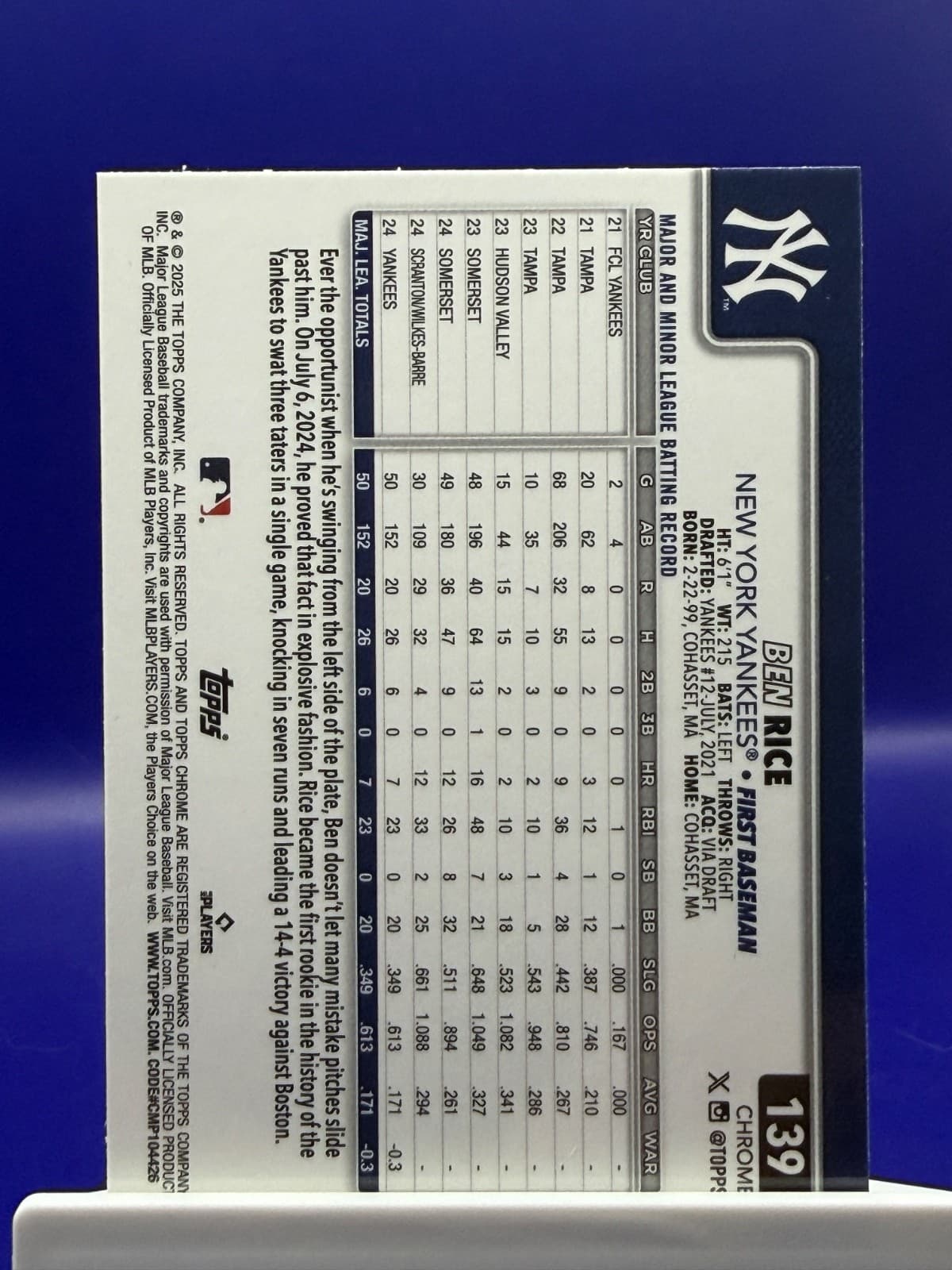 2025 Topps Chrome - Ben Rice #139 (RC) - Thumbnail 2