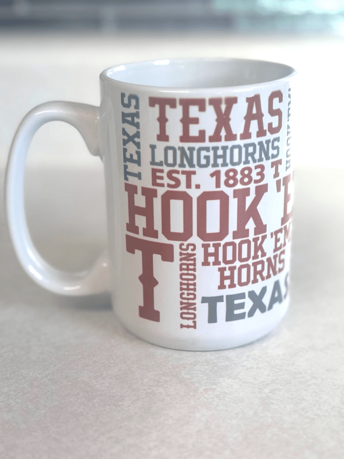 Texas Longhorns Hook Em Horns EST 1883 White Ceramic Coffee Mug Cup NM
