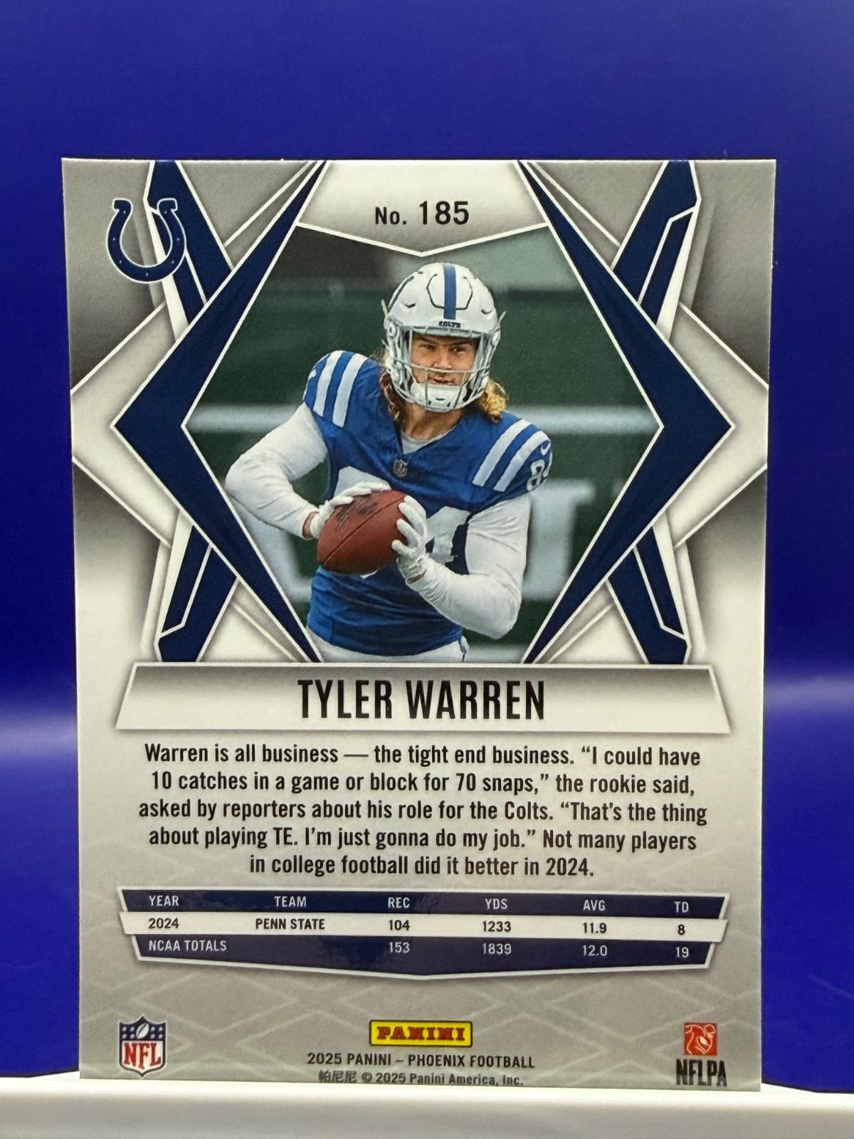 2025 Panini Phoenix Tyler Warren RC #185 Indianapolis Colts Rookie - Thumbnail 2