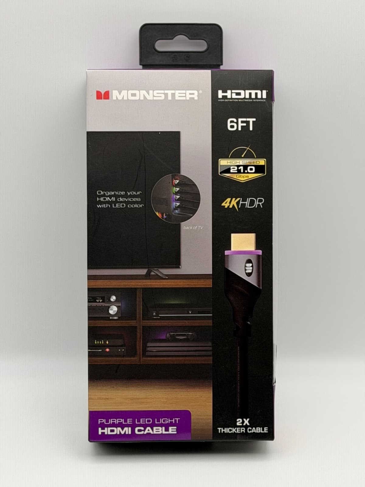 Monster MHV1-1026-PUR 6 Feet 4K HDR 21 Gbps Purple LED Light HDMI Cable