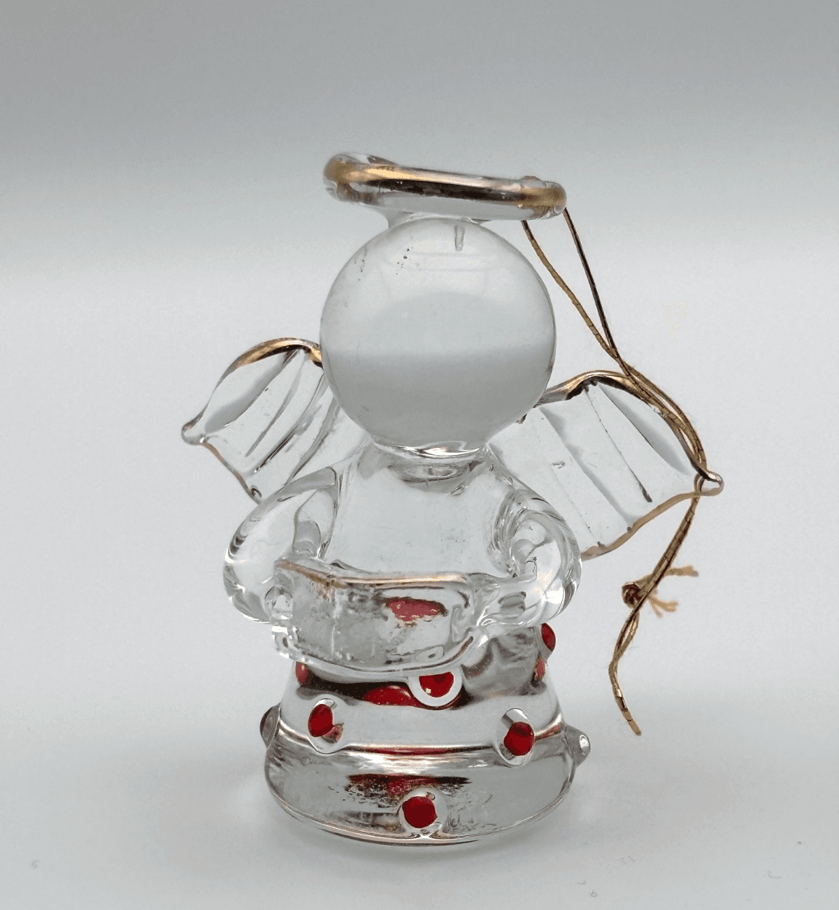 Clear Glass Angel Ornament Figurine Gold Trim Red Dot Christmas Decor