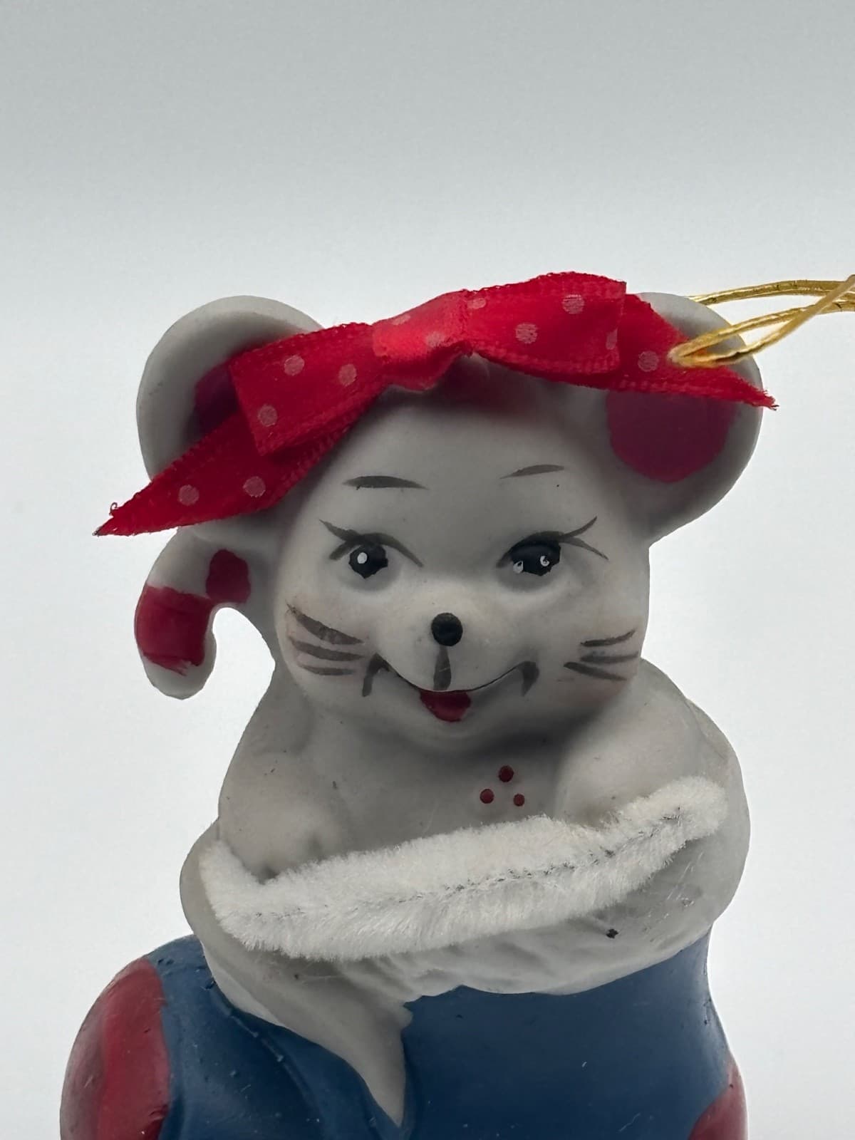 Vintage Holly Bells Christmas Mouse Ornament Handcrafted Porcelain Bell In Box - Thumbnail 2