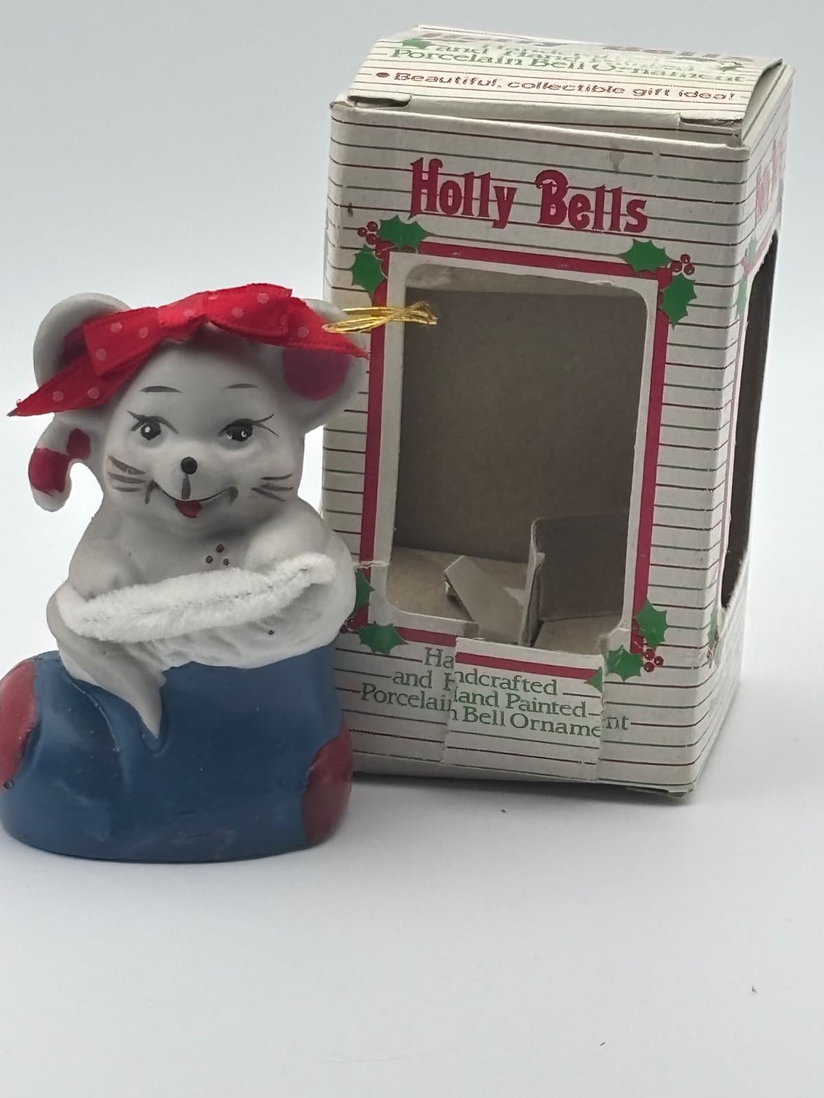 Vintage Holly Bells Christmas Mouse Ornament Handcrafted Porcelain Bell In Box