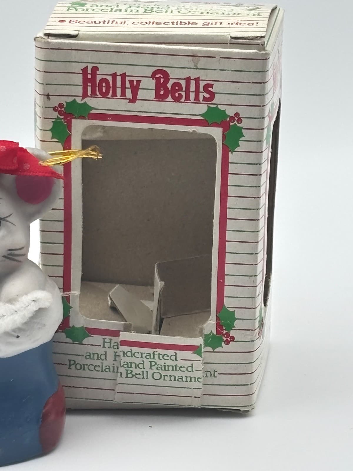 Vintage Holly Bells Christmas Mouse Ornament Handcrafted Porcelain Bell In Box - Thumbnail 3