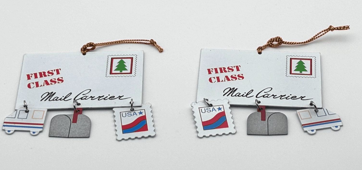 Vintage Avon First Class Mail Letter Postal Service Christmas Ornament lot of 2!