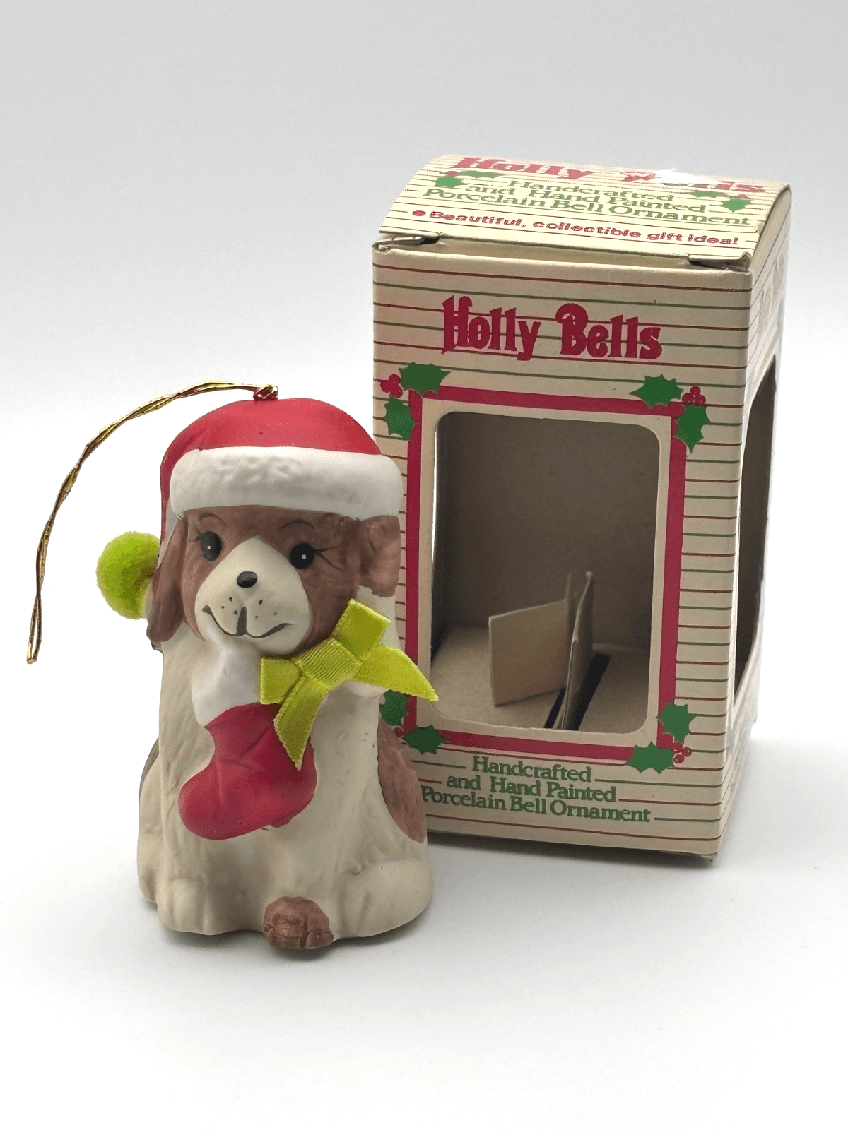 Vintage Holly Bells Dog Porcelain Bell Ornament Santa Hat Stocking Box