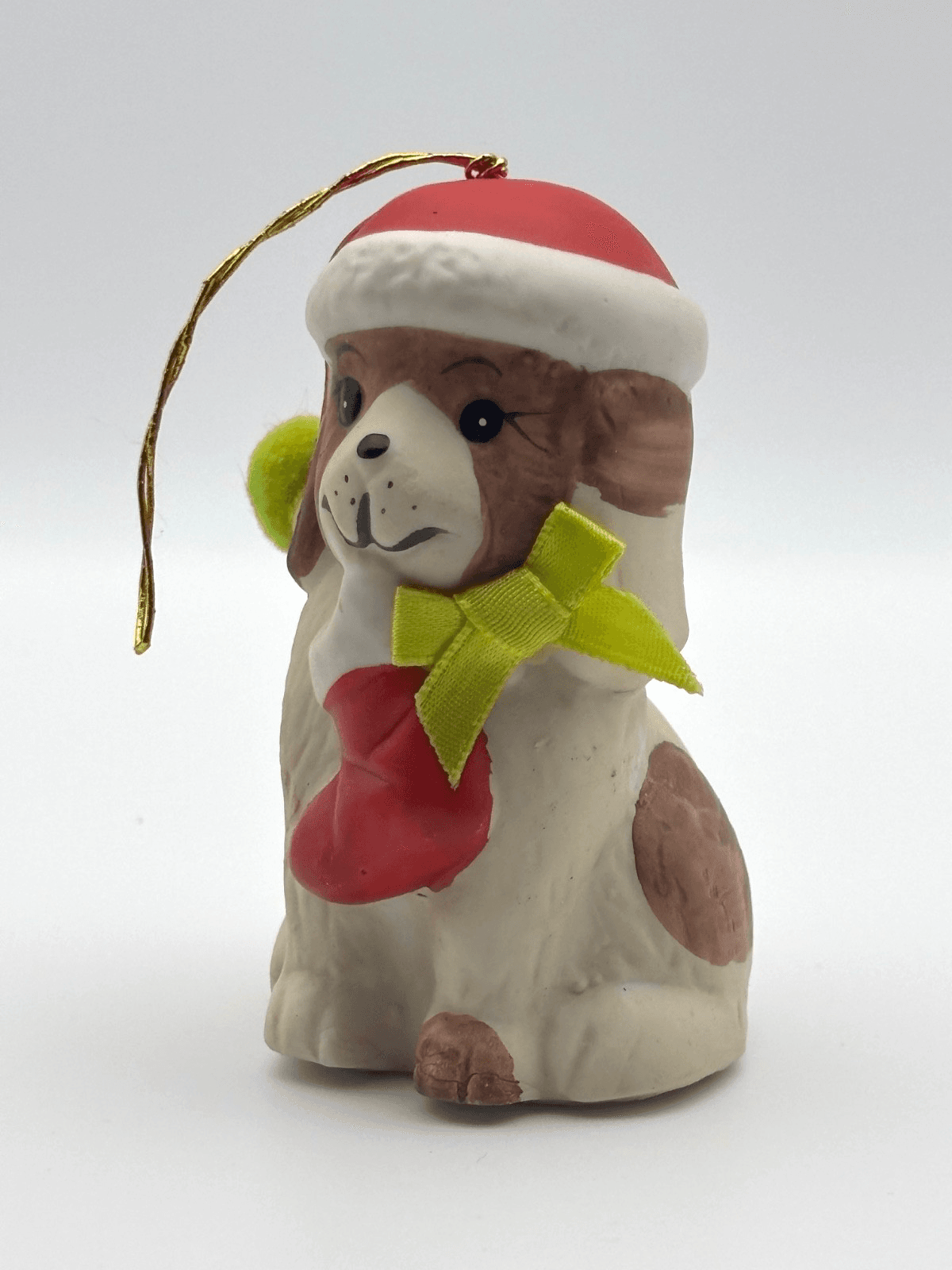 Vintage Holly Bells Dog Porcelain Bell Ornament Santa Hat Stocking Box - Thumbnail 2