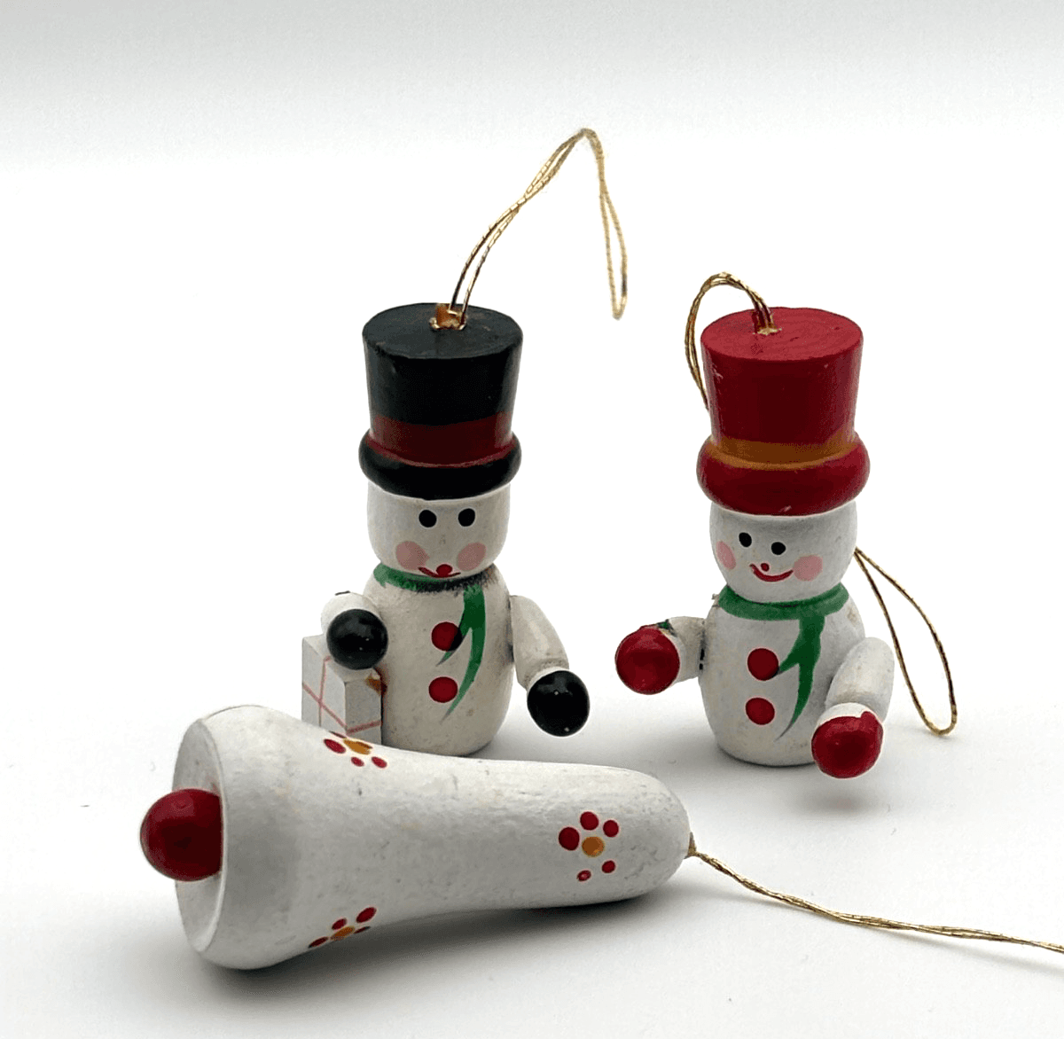 Vintage Christmas Ornament Hand Painted Wood Wooden Snowman With Bell - Thumbnail 2