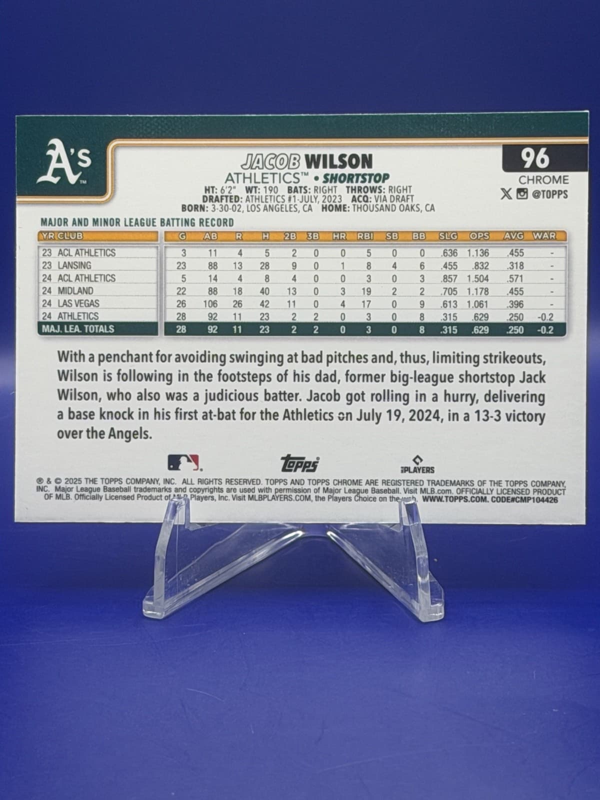 2025 Topps Chrome Jacob Wilson RC Topps Logo Parallel #96 Fanatics Exclusive - Thumbnail 2