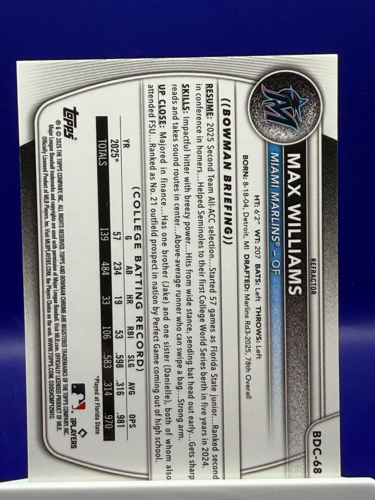 2025 Bowman Chrome Max Williams 1st Bowman Refractor #BDC-68 Marlins - Thumbnail 2