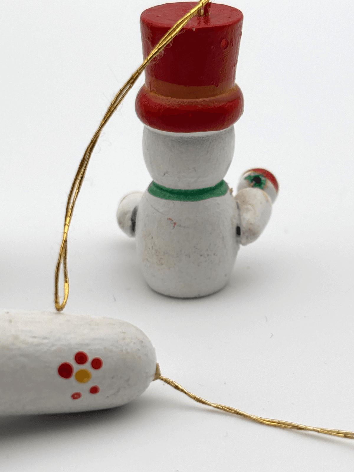 Vintage Christmas Ornament Hand Painted Wood Wooden Snowman With Bell - Thumbnail 6