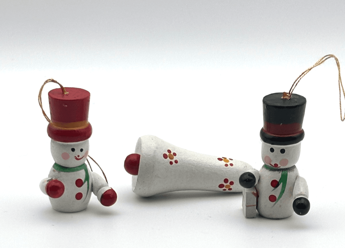 Vintage Christmas Ornament Hand Painted Wood Wooden Snowman With Bell - Thumbnail 3