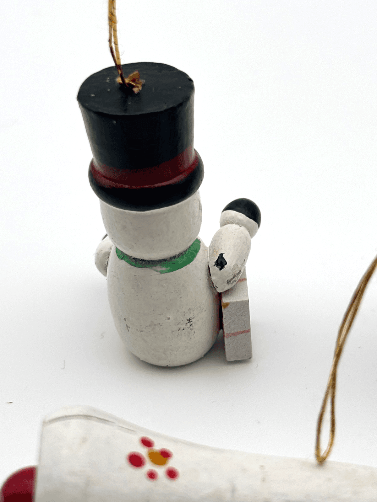 Vintage Christmas Ornament Hand Painted Wood Wooden Snowman With Bell - Thumbnail 4