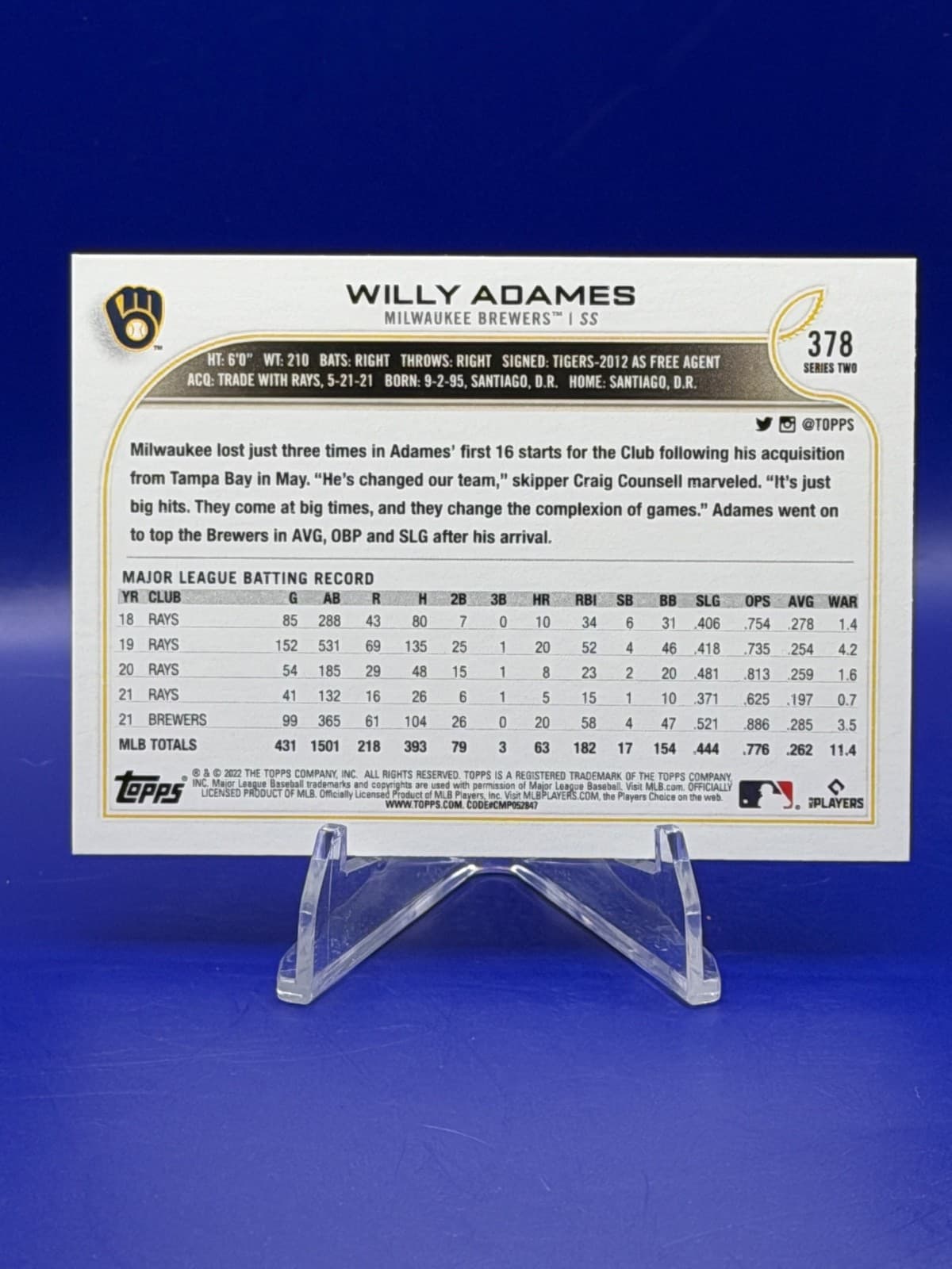 2022 Topps Willy Adames #378 Milwaukee Brewers Baseball Card - Thumbnail 2