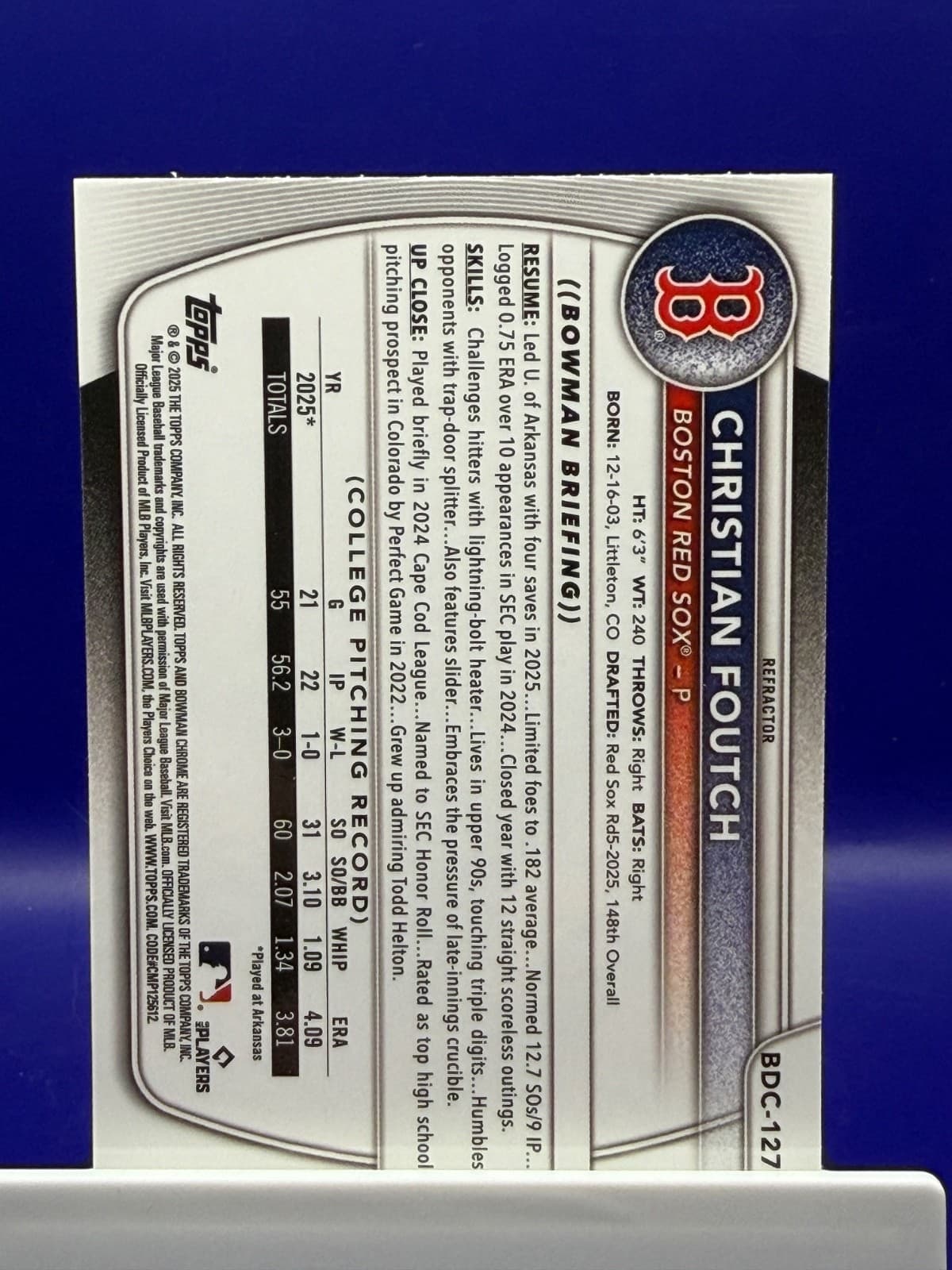 2025 Bowman Chrome Christian Foutch 1st Bowman Refractor BDC-127 Red Sox - Thumbnail 2
