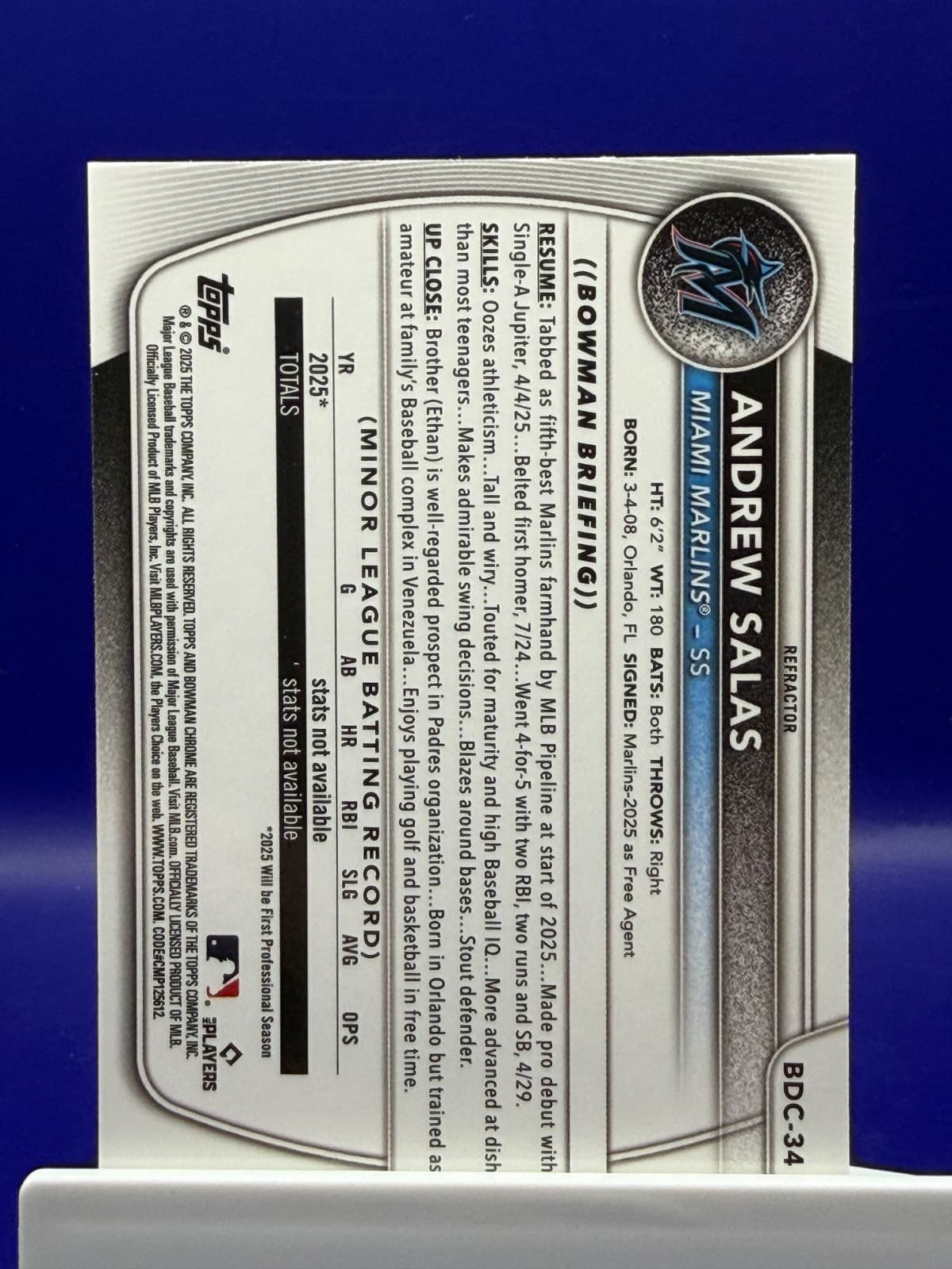 2025 Bowman Draft - Chrome Andrew Salas #BDC-34 Refractor (RC) - Thumbnail 2