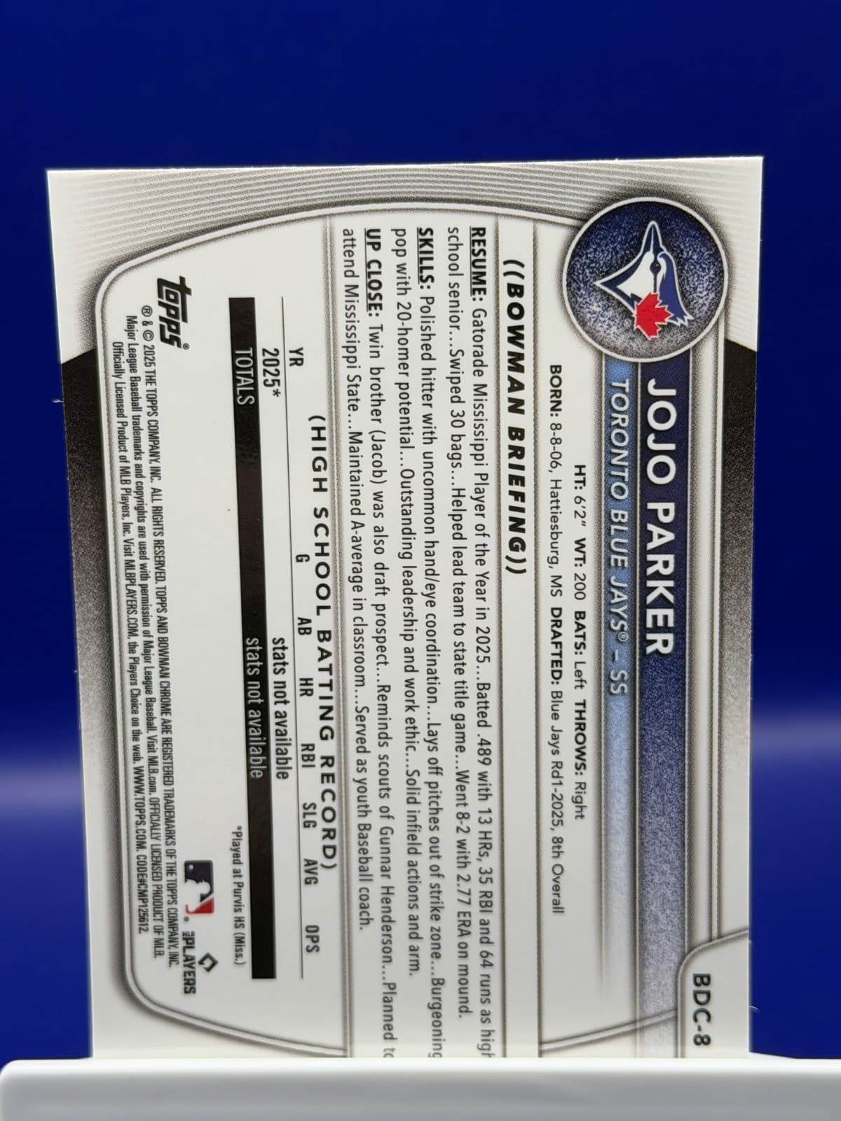 2025 Bowman Draft - Chrome JoJo Parker #BDC-8 (RC) - Thumbnail 2