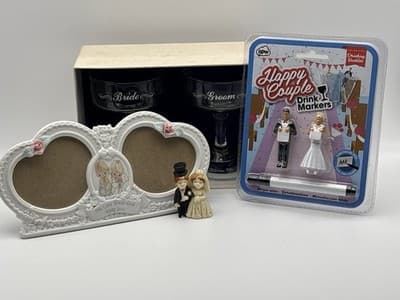 Vintage Wedding Gift Lot Bride Groom Glasses Photo Frame Cake Topper & Tags 4lot
