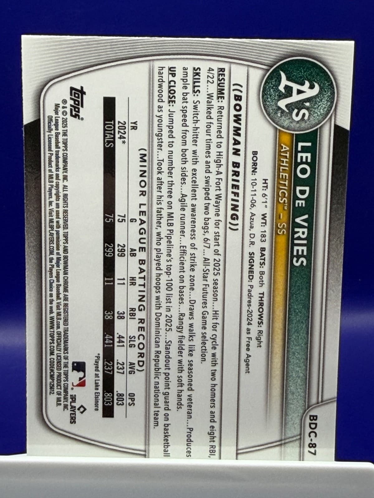 2025 Bowman Draft - Chrome Leo De Vries #BDC-87 (RC) - Thumbnail 2