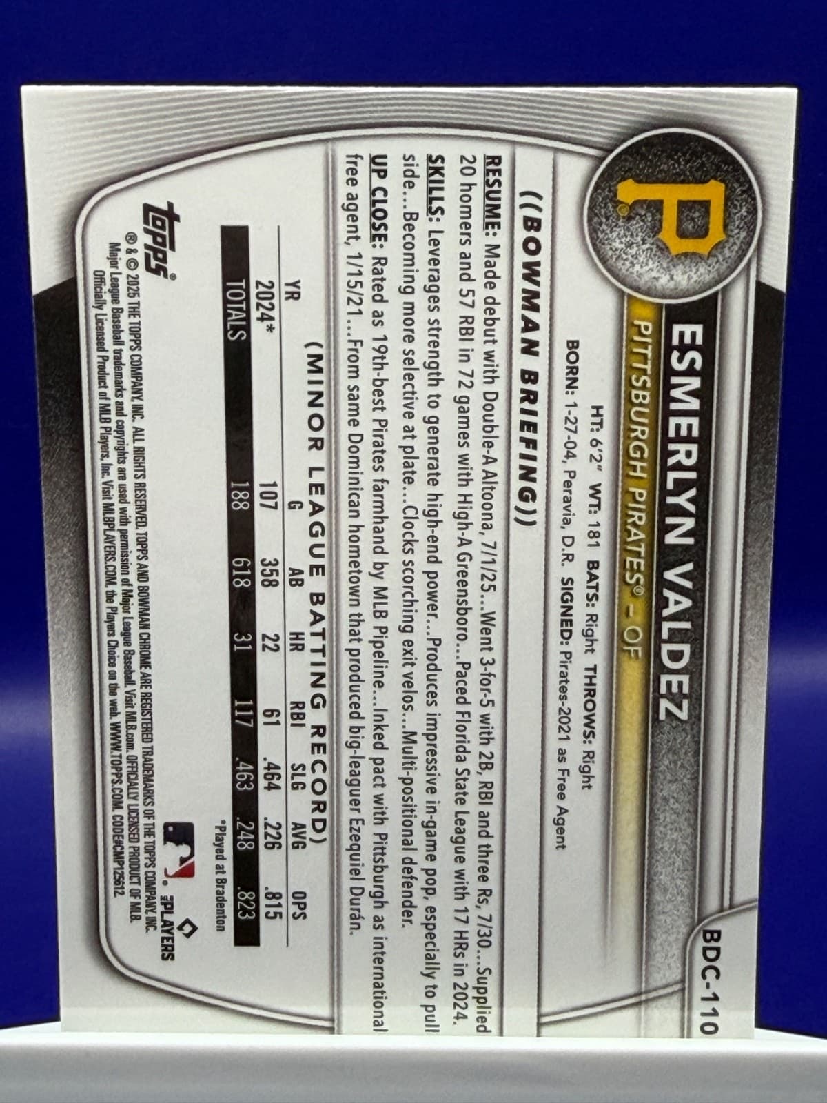 2025 Bowman Draft - Chrome Esmerlyn Valdez #BDC-110 (RC) - Thumbnail 2