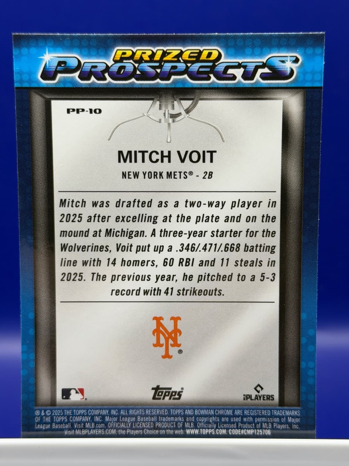 2025 Bowman Draft - Prized Prospects Mitch Voit #PP-10 (RC) - Thumbnail 2