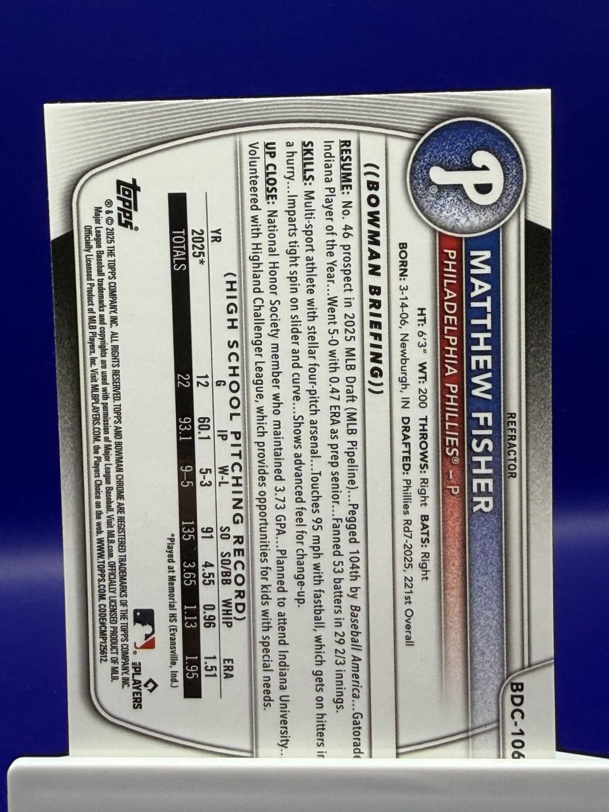2025 Bowman Draft - Chrome Matthew Fisher #BDC-106 Refractor (RC) - Thumbnail 2