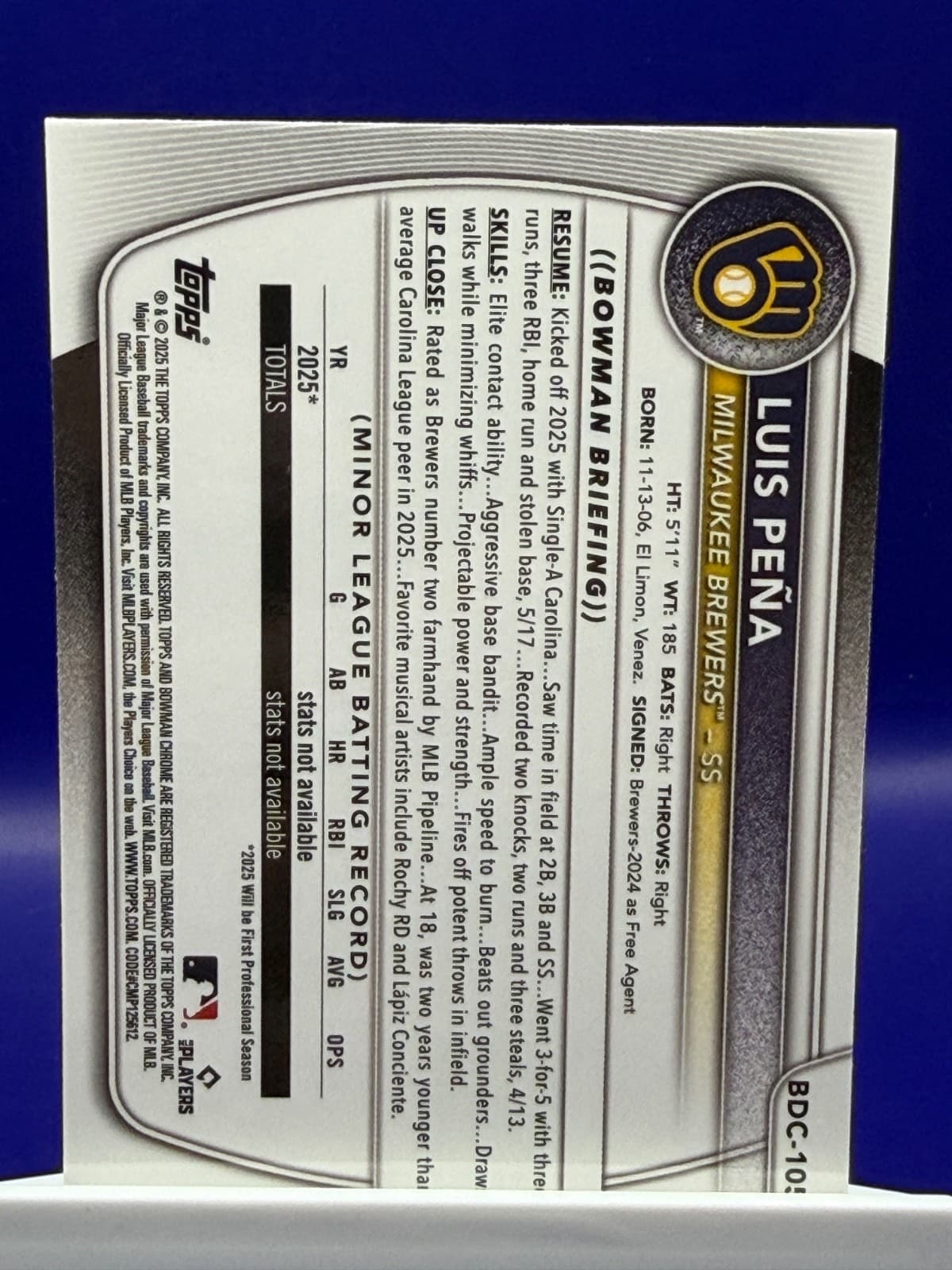 2025 Bowman Draft - Chrome Luis Pena #BDC-105 (RC) - Thumbnail 2