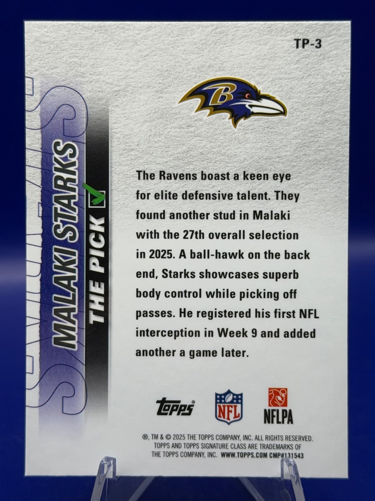 2025 Topps Signature Class Malakai Starks The Pick TP-3 RC Ravens NM - Thumbnail 6