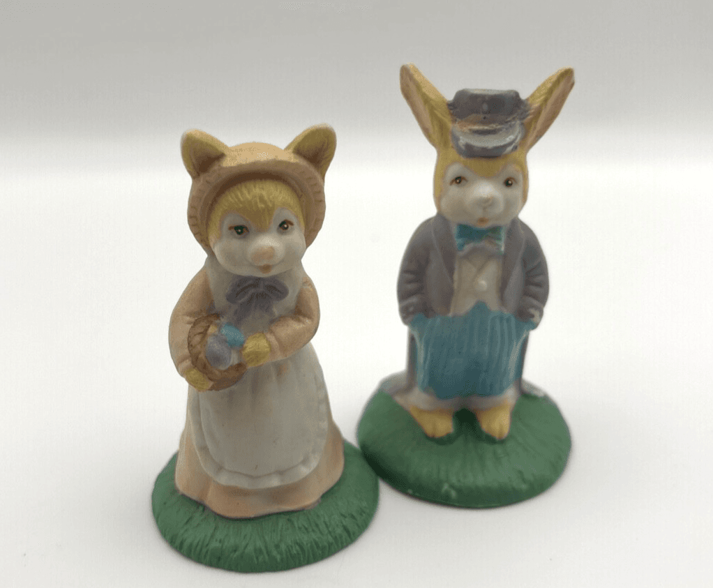 Vintage Easter Bunny Figurines Lot of 2 Resin Rabbits Boy Girl Spring Decor Vide