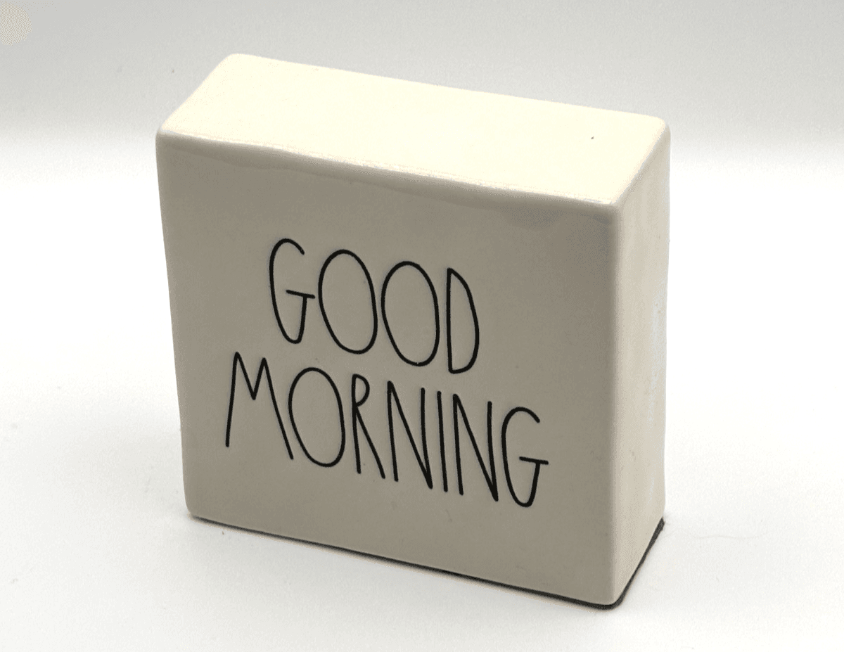 Rae Dunn GOOD MORNING Ceramic Block Sign Paperweight Magenta 6”
