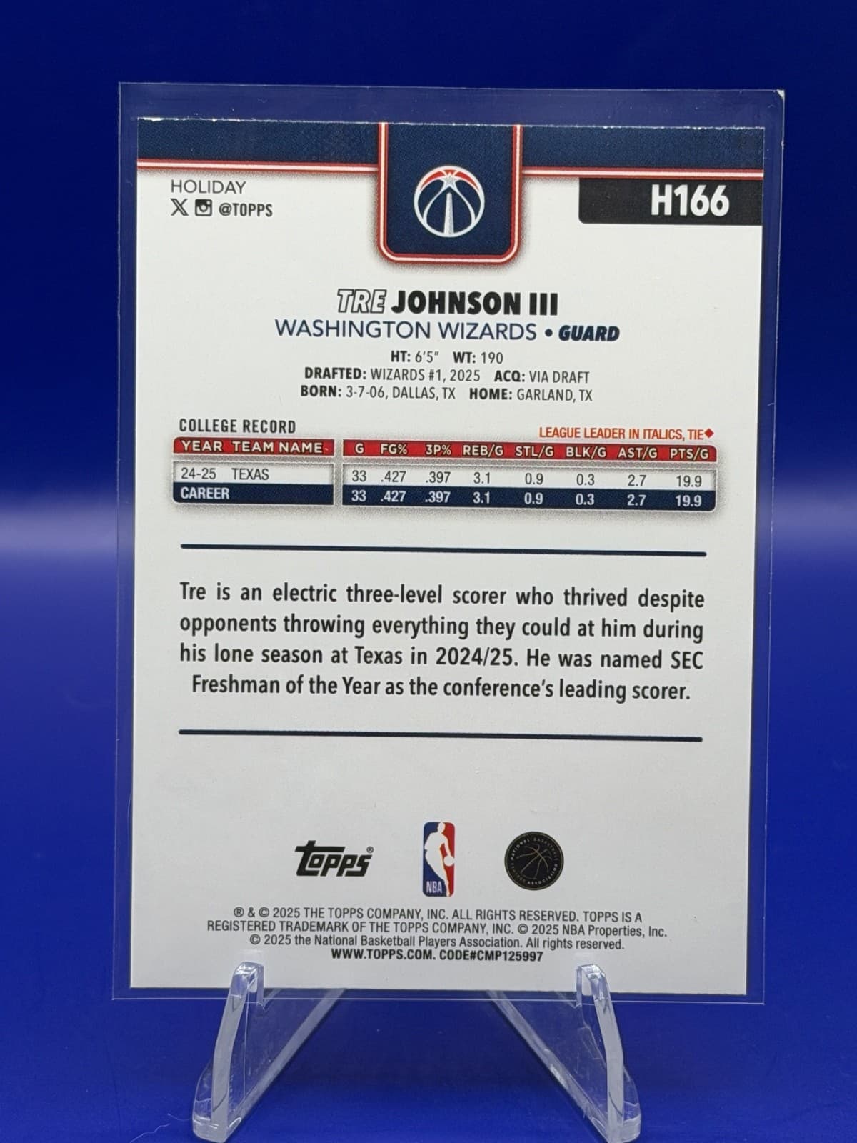 2025-26 Topps Holiday Tre Johnson III H166 Washington Wizards Plaid RC #H166 - Thumbnail 2