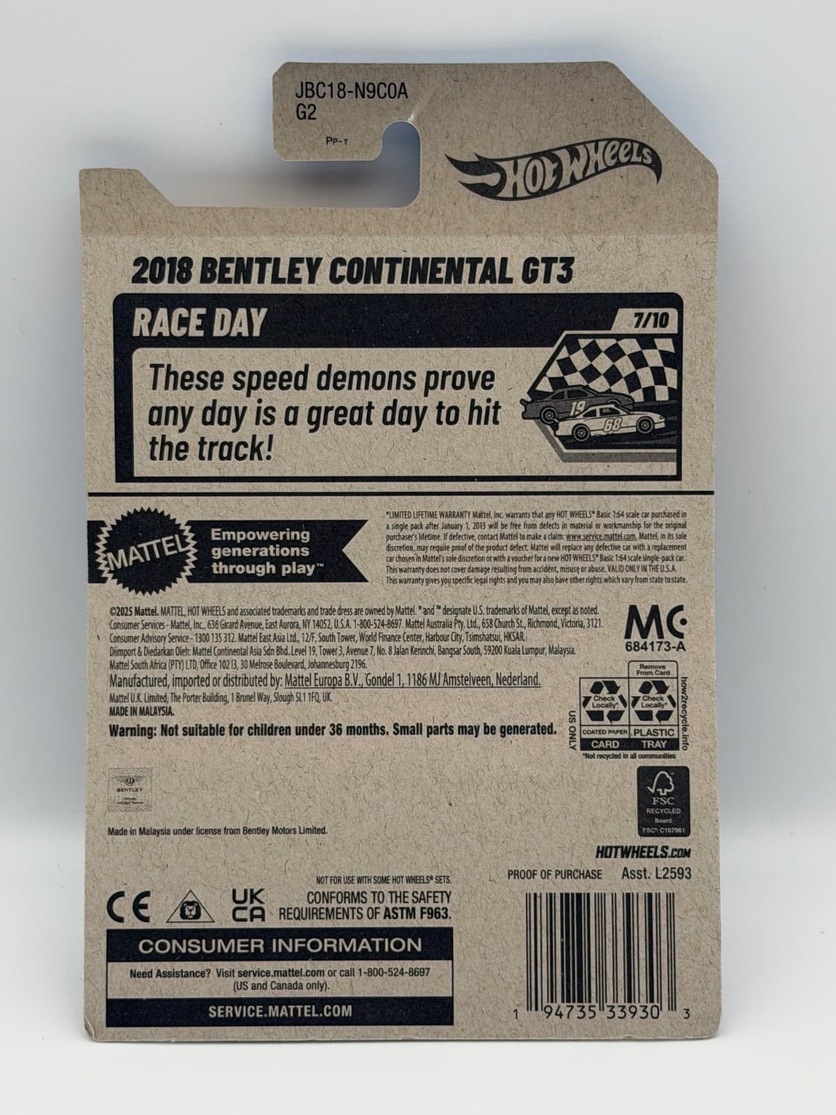 2025 Hot Wheels 2018 Bentley Continental GT3 Gold HW Race Day 1:64 - Thumbnail 6