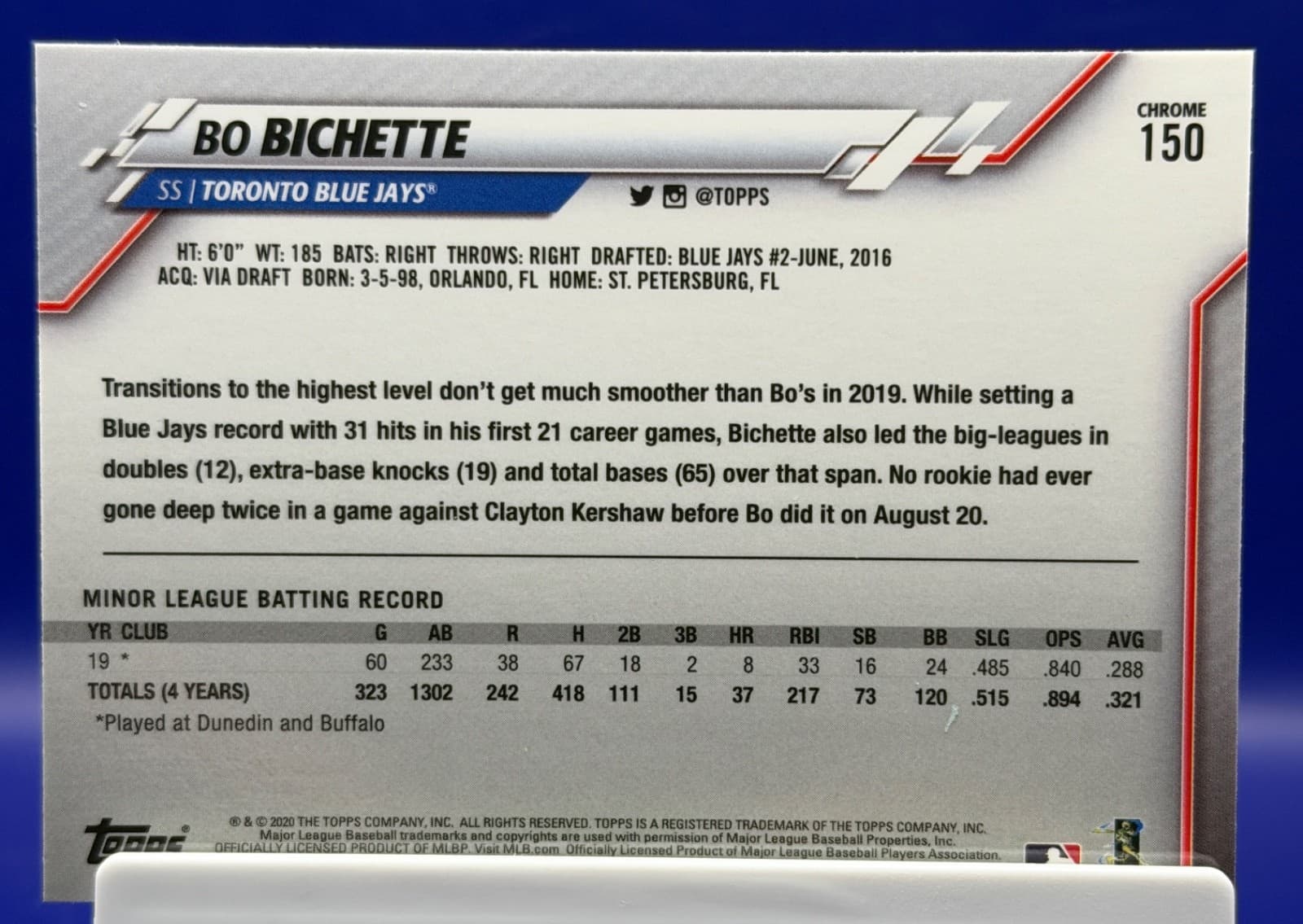 2020 Topps Chrome Bo Bichette RC Rookie #150 Toronto Blue Jays - Thumbnail 2