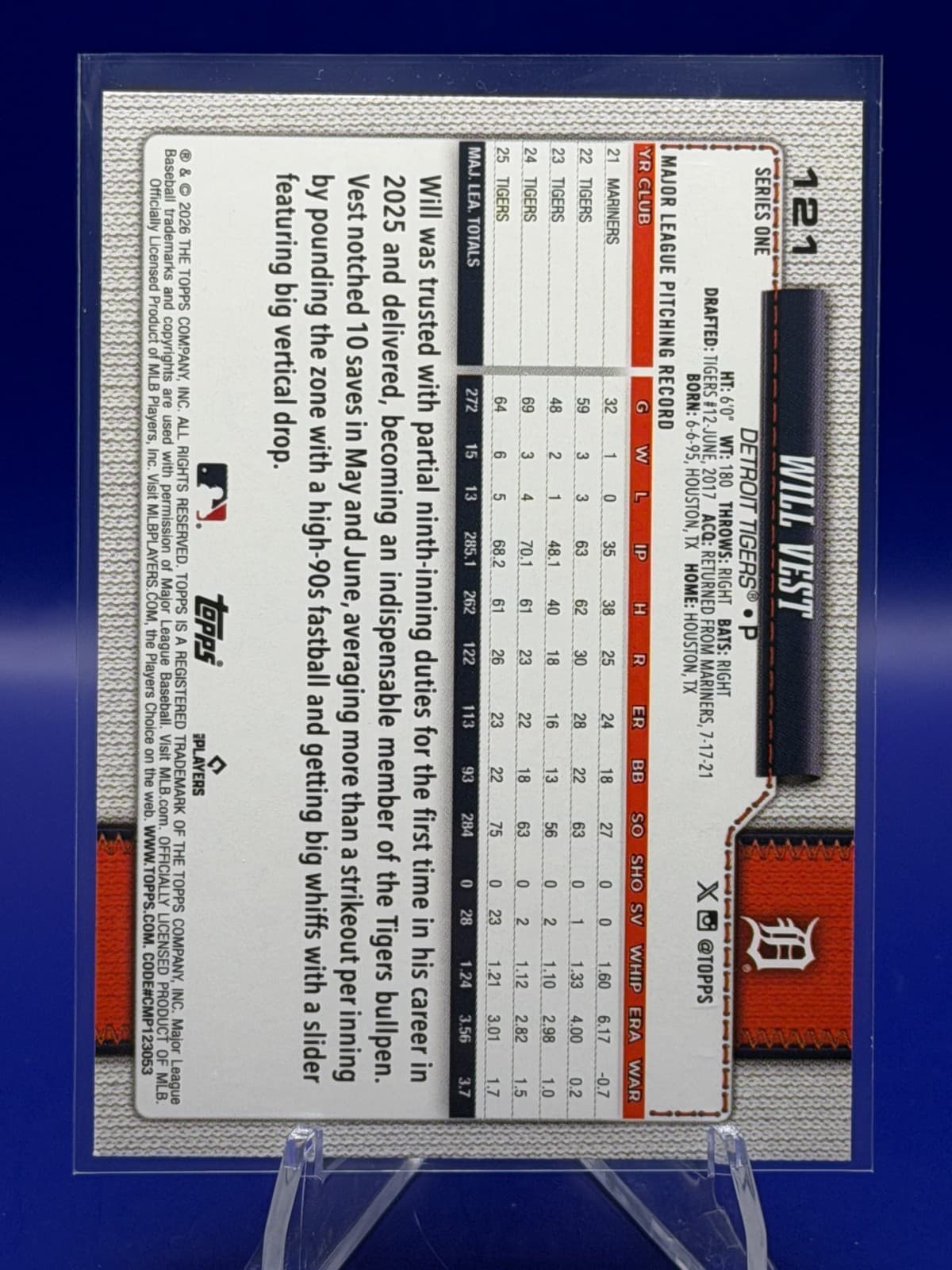 2026 Topps Series 1 Will Vest Rainbow Foil Detroit Tigers #121 - Thumbnail 2