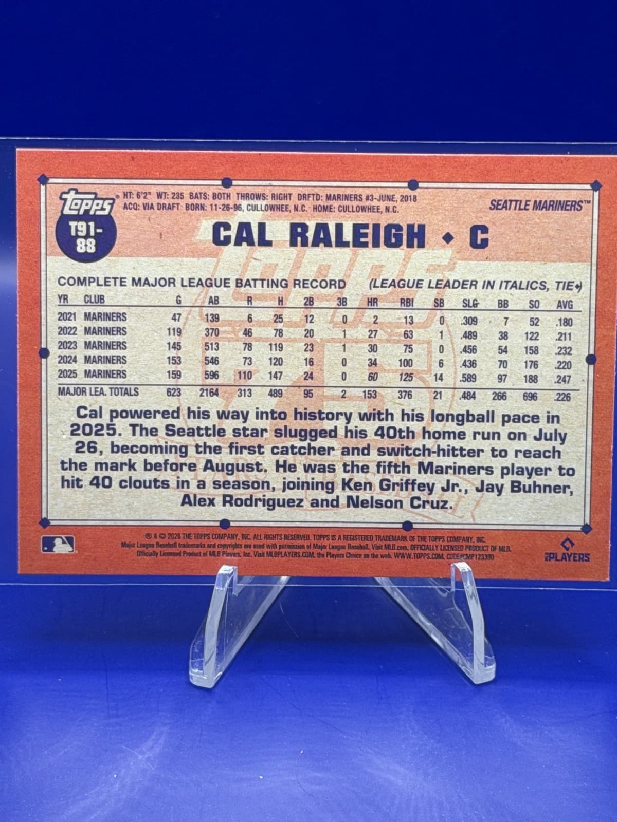 2026 Topps Series 1 - 1991 Topps Cal Raleigh #T91-88 - Thumbnail 2
