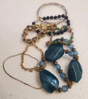 VTG Costume Jewelry Bracelet Lot Gold Silver Tone Blue Beads Rhinestone Craft - Thumbnail 5