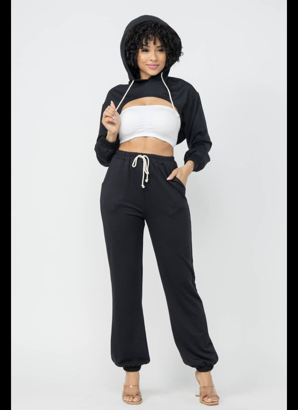 Julia By LoveJ Cropped Hoodie SweatSuit In Black - Thumbnail 3
